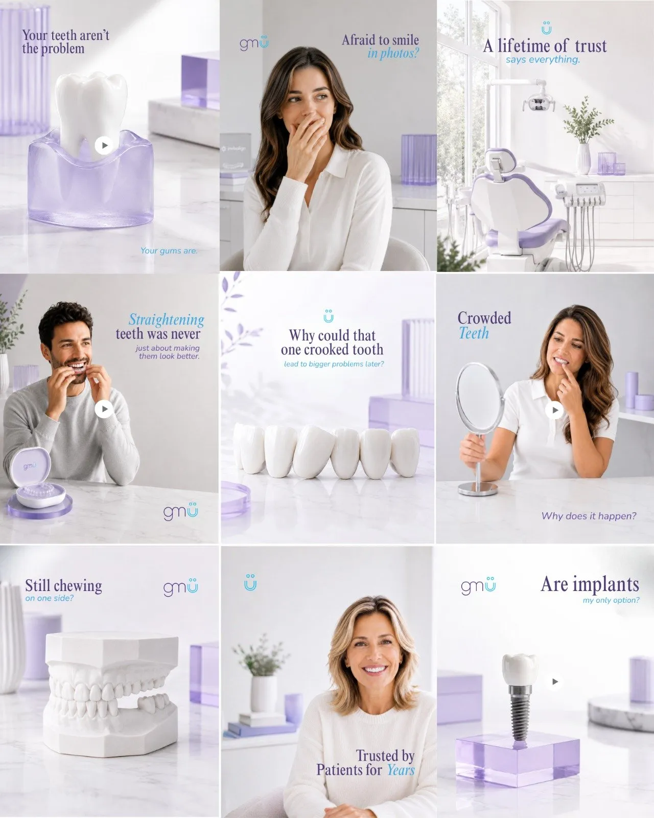 Nine consecutive posts from gmü dental's feed: general dentistry and implants in English, in lilac and chalk white.